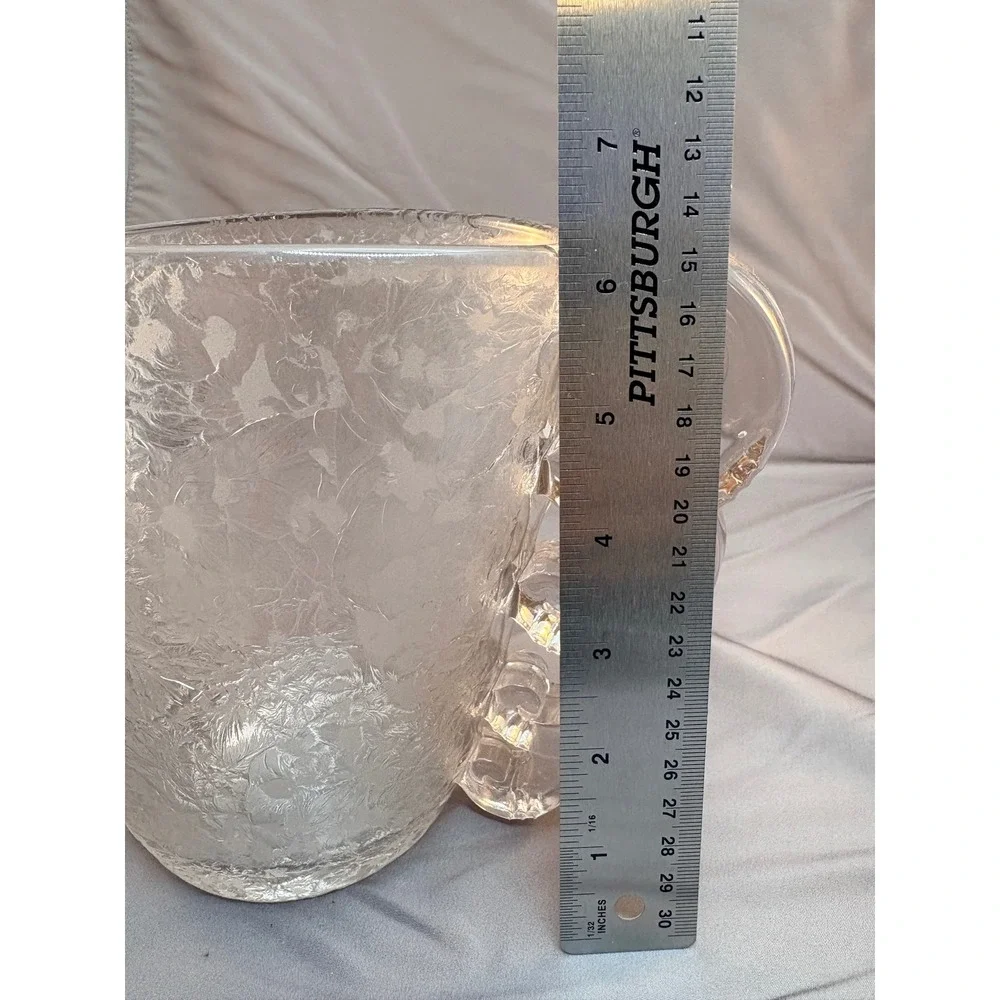 Vintage Clear Frosted Ice Crackle Glass Vase Scrolled Handles Art Deco 7in